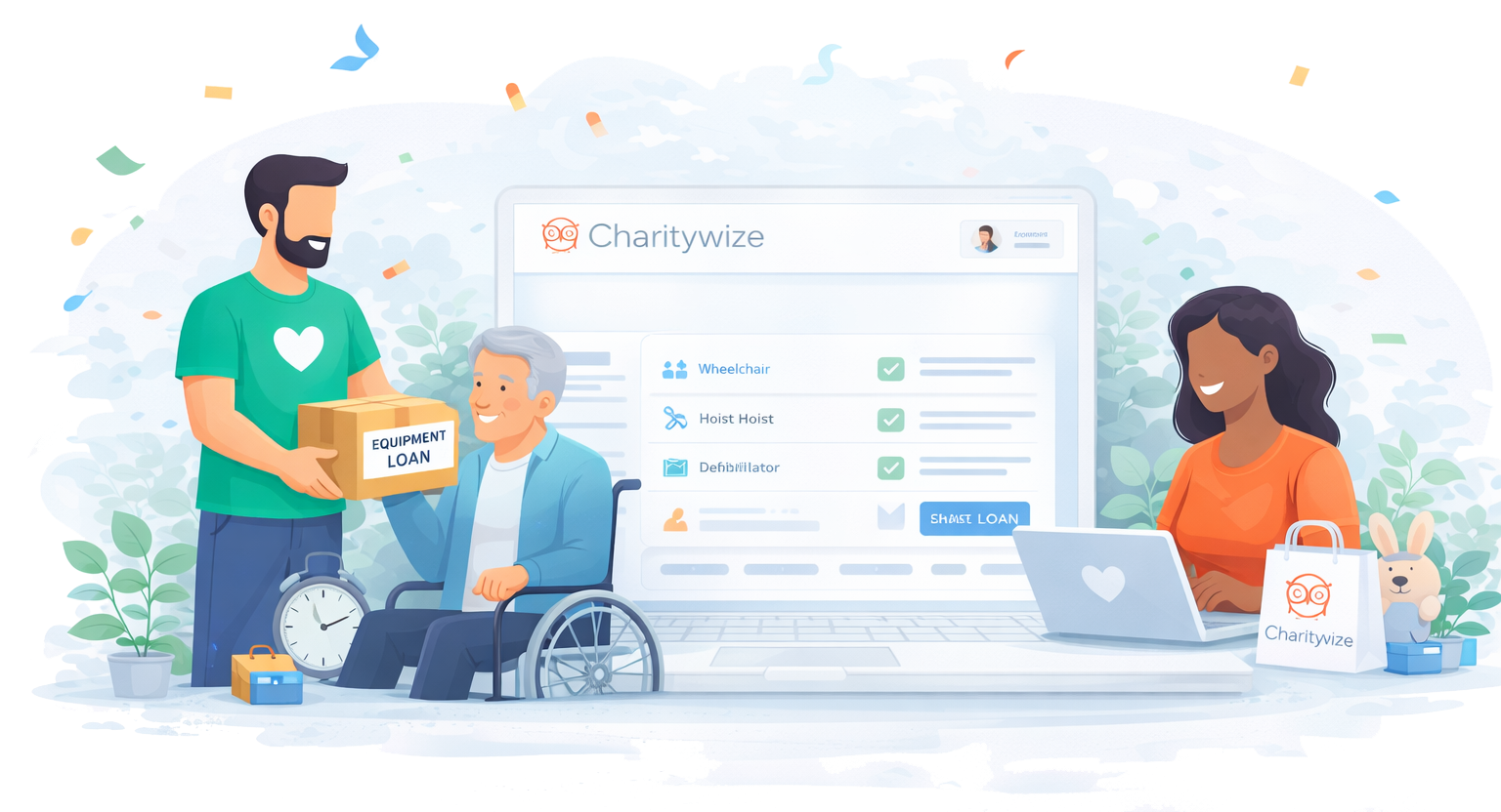 Charity equipment loan management system tracking items and borrowers